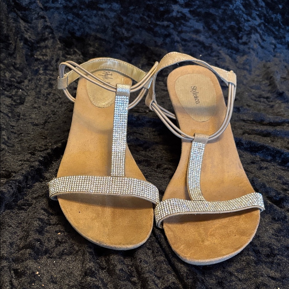 Women’s Champagne T-Strap Rhinestone Sandals with Ankle Strap